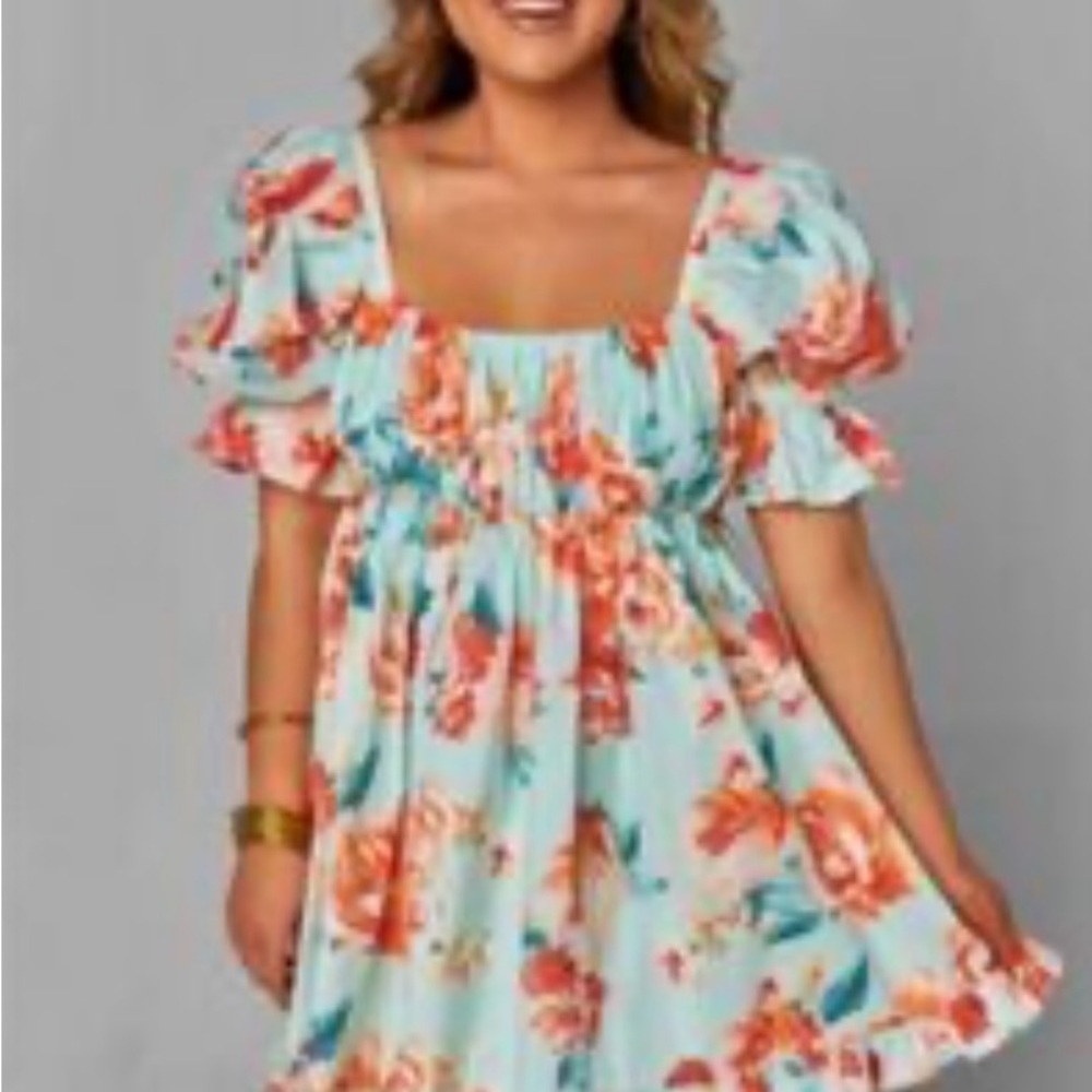 BuddyLove Floral Puff Sleeve Empire Waist Wedding Guest Mint Green Orange XS NEW